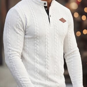 pull tricot homme manches longues décontracté, col rond, couleur unie, motif tricot musclé, légèrement extensible, coupe standard, boutonné sur le devant, détails patchwork, vêtement d'extérieur printemps automne, haut confortable pour tous les jours
