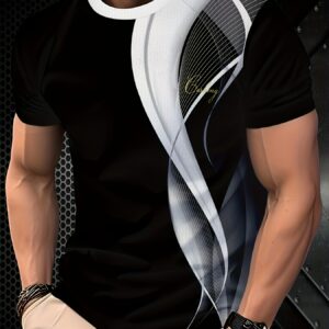 t shirt homme noir à imprimé géométrique manches courtes, col rond, design 3d, polyester respirant, idéal pour tenue décontractée ou formelle