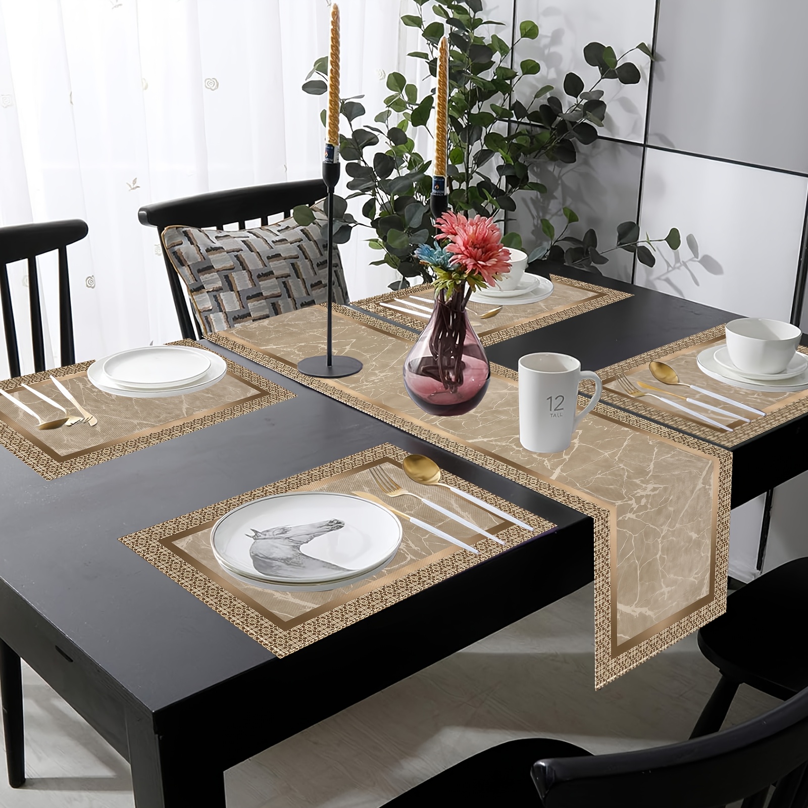 1/5/7 pièces, chemin de table et nappes de table géométriques dorées de luxe inspirées des motifs de marbre, avec des accents beige et dorés, parfaites pour les réunions de famille, les mariages et les décorations d'anniversaire idées cadeaux élégantes, décoration de table. 1/5/7 pièces, chemin de table et nappes de table géométriques dorées de luxe inspirées des motifs de marbre, avec des accents beige et dorés, parfaites pour les réunions de famille, les mariages et les décorations d'anniversaire idées cadeaux élégantes, décoration de table.