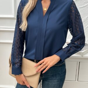 t shirt à manches longues et col en v avec panneau en dentelle style directionnel 88042609