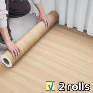 deux rouleaux de 40 mètres de large d'autocollants de sol imitation bois vintage auto adhésifs mesurant 40,01 cm par 200,0 cm, adaptés à la rénovation des planchers de chambres et de salons, faciles à décoller et à coller.