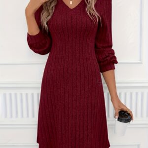 robe femme col v côtelée robe mi longue moulante à manches longues en bourgogne avec poches, extensible moyenne lavable en machine, tenue décontractée automne hiver, Élégante robe tricotée