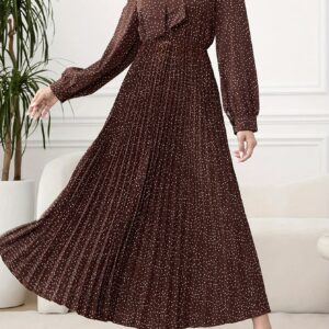 robe longue élégante pour femme à manches longues plissée noir à pois blancs, col noué, ourlet à volants, robe polyvalente toutes saisons pour mariages et événements formels, tenue d'invitée | motif à pois | tissu en polyester