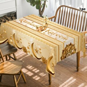 1pc nappe ramadan en polyester doré, 100% polyester, design de lanterne lunaire et floral, couverture de table eid mubarak pour la décoration de la cuisine, la salle à manger et la maison, fournitures pour les fêtes islamiques eid al fitr et eid al adha