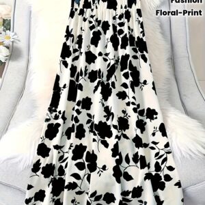 jupe longue femme haute taille à imprimé fleuri noir Élégant coupe Évasée, léger en polyester, idéal printemps/Été/automne, tenue décontractée ou chic