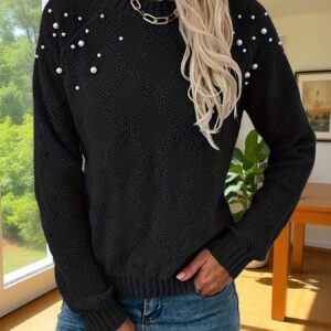pull d'automne et d'hiver confortable pour femme avec motif de diamants en perles col rond décontracté, manches longues en noir, doux et chaud pour une tenue décontractée
