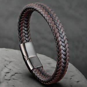 bracelet tressé en similicuir pour homme avec fermoir métallique bande de poignet élégante noire artisanale, 21 cm de longueur, design à surface texturée