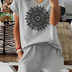 ensemble 2 pièces pour femme t shirt manches courtes décontracté et short taille haute avec poche oblique, en fibre polyester, lavable en machine