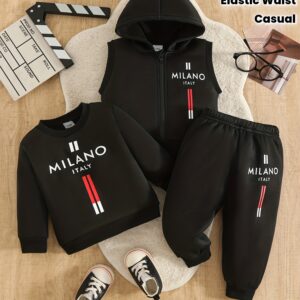 3 pièces ensemble hiver thème italien milano italie imprimé lettres veste oversize & pantalon à taille Élastique (noir/blanc) vêtements lavables en machine, couleurs drapeau italien, tenue décontractée, idéal pour extérieur