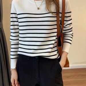 pullover femme à rayures noir et blanc style coréen – nouveauté 2025 – manches longues – haut d'automne hiver – couleur blanche – tendance en corée