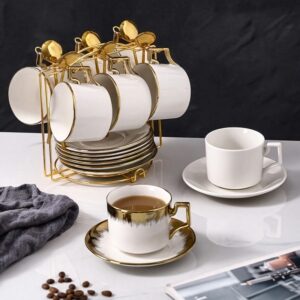1 ensemble de 200 ml tasses à café en céramique dorée style européen, soucoupes et cuillères, tasses à thé tricolores, gobelets laitiers polyvalents, cadeaux pour fêtes, saint valentin, fête des pères, fête des mères, thanksgiving