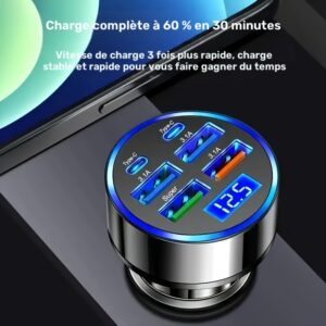 chargeur de voiture ultra rapide double pd usb et type c avec affichage numérique, tension large 12 24v, protection contre la surcharge, alimentation par prise de voiture adapté aux smartphones, design compact et portable, cadeau idéal pour les passionnés de voiture, station de charge
