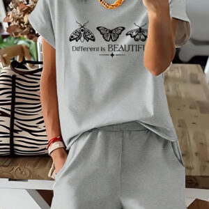 différent est beau, imprimé papillon, tenue décontractée, ensemble deux pièces pour femmes t shirt à manches courtes et short taille haute, 100% polyester, lavable en machine, avec poches latérales, collection printemps/été