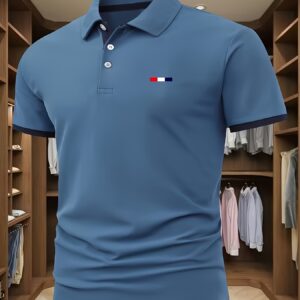polo décontracté homme | motif géométrique, rouge, blanc et bleu, col à revers, tissu légèrement extensible, idéal pour le golf en plein air et les loisirs