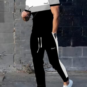 ensemble sport homme 2 pièces en polyester | col rond élégant et décontracté | maille légèrement extensible avec impression 3d | coupe régulière | t shirt à manches courtes et pantalon long à motifs