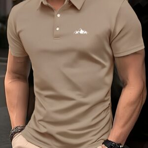 polo slim fit pour homme tissu extensible léger, col boutonné avec graphique de montagne, vêtement décontracté et professionnel d'été respirant, chemise boutonnée, élasticité moyenne