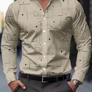 chemise décontractée à manches longues pour homme avec imprimé géométrique et caractères