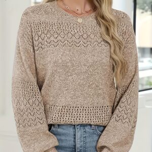 nouveau pull pour femme, pull décontracté bohème à manches longues et col rond, pull léger au crochet, haut élégant de couleur unie avec motif ajouré pour automne/hiver, beau haut pour femme