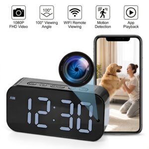 horloge multifonction caméra de sécurité wifi, caméra 1080p fhd avec réveil, mémoire interne de 32 go, visualisation à distance via application, enregistrement audio + vidéo, détection de mouvement, enregistrement en boucle, adaptée pour maison, bureau, locaux commerciaux