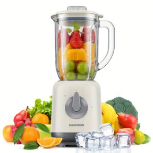 mixeur à fruits et légumes avec 6 lames en acier inoxydable, pichet en verre, 2 vitesses et fonction pulse pour broyer la glace, idéal pour milkshakes, jus, aliments pour bébés et boissons végétales, machine à jus de 1l