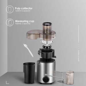 extracteur de jus, machine à jus 400w avec grand embout d'alimentation de 7,62 cm pour fruits et légumes entiers facile à nettoyer, extracteur centrifuge en acier inoxydable, sans bpa, pieds antidérapants, argenté