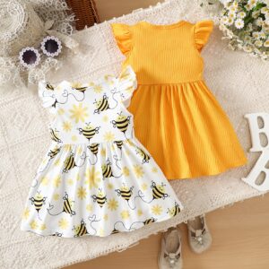 ensemble de 2 robes pour filles, printemps/été, robe décontractée à manches à volants avec imprimé floral et abeille, robe à nœud de couleur unie, tissu tricoté, polyester 95% spandex 5%, extensibilité moyenne, coupe régulière