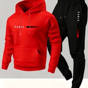 ensemble décontracté homme : sweat à capuche et pantalon de survêtement impression "paris", rouge &, manches longues, coupe standard, poches, parfait pour l'automne/hiver, tenue décontractée, activités de plein air et détente à la maison, sweat à capuche décontracté | sweat à capuche tendance | coupe confortable