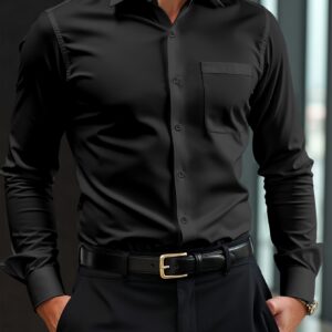 chemise homme slim fit résistante aux plis noir & blanc manches longues pour business casual & mariage, col à bouton unique, poche, idéale pour le travail, soirées (lavage à la main/nettoyage à sec) classique