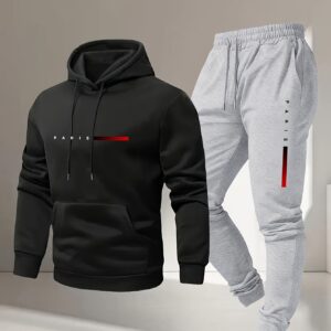 ensemble sweat à capuche et pantalon homme tendance avec imprimé lettres paris, haut confortable à poche kangourou et pantalon long décontracté
