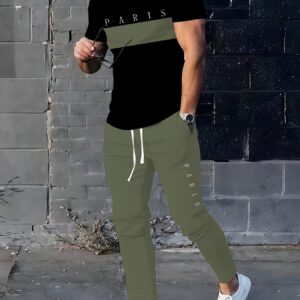 ensemble sport homme en polyester | col rond Élégant décontracté | maille légèrement Élastique avec impression 3d | coupe regular 2 pièces | t shirt à manches courtes et pantalon long à motifs