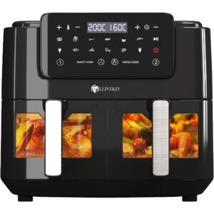 1 pièce, friteuse à air chaud double zone avec fenêtre de visualisation, friteuse à air xxl 9l sans huile, friteuse à air avec 9 réglages de cuisson en 1, 2 tiroirs, Écran tactile, fonction intelligente et minuterie, friteuse saine et pauvre en graisses