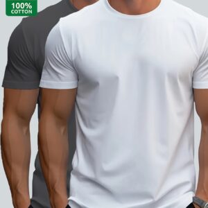 2 t shirts premium 100% coton homme décontracté sport | t shirts noirs tendance, respirants et anti transpiration, col rond, manches longues pour l'Été, hauts confortables pour les vacances quotidiennes
