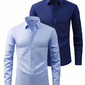 ensemble deux pièces pour hommes, chemises élastiques de couleur unie, tissu en fibre glissante, chemises fraîches, respirantes et confortables, tenue décontractée pour les affaires, col deux en un, hauts européens et américains, vêtements pour hommes, plusieurs couleurs, lavage pratique.