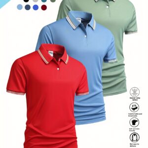 ensemble 3 polos d'été pearson obm pour hommes avec col, motifs rayés dans plusieurs couleurs. ces hauts de sport décontractés sont parfaits pour les affaires, les voyages, le travail, les rendez vous et les loisirs.
