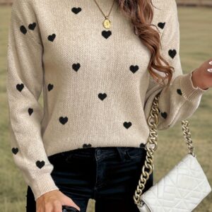 pull à col rond avec motif cœur, manches longues et épaules tombantes, idéal pour la saint valentin, vêtements pour femmes, tendance automne hiver