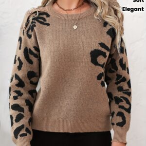 pull femme à imprimé léopard col rond Élégant, haut doux et chaud pour automne hiver, tricot tendance, lavage à la main, vêtement d'automne, pull chic