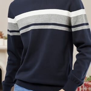pullover tricoté à rayures pour homme, coupe slim pour automne hiver, design bleu marine et gris avec col rond à Élasticité moyenne pour un usage quotidien décontracté