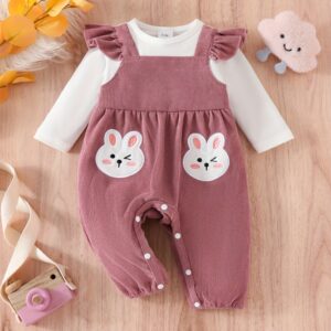 combinaison bébé fille mignonne lapin à col rond en velours côtelé à manches longues pour automne et hiver, idéale pour l'extérieur