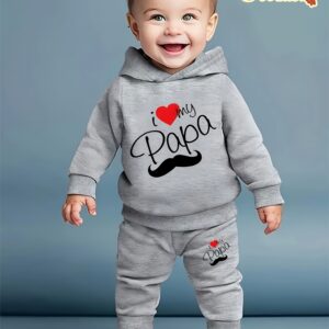 ensemble bébé garçon "j'aime mon papa" à capuche en polaire avec imprimé cœur et barbe cartoon + pantalon sport décontracté pour automne et hiver, idéal pour les sorties extérieures
