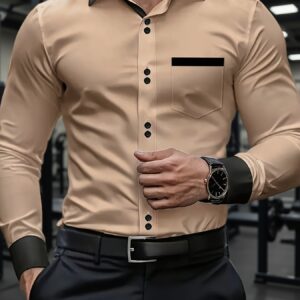 cette chemise élégante pour gentleman est disponible dans plusieurs couleurs avec un design color block stylé. la combinaison de plusieurs tons, accentuée par des éléments noirs, crée une atmosphère calme mais vibrante. la couture exquise s'adapte aux courbes du corps.