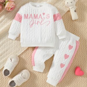 ensemble 2 pièces automne/hiver pour filles ted "bébé de maman" haut à manches longues color block + pantalon décontracté à imprimé cœur pour la saint valentin, parfait pour l'extérieur