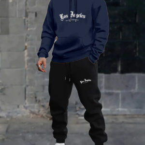ensemble 2 pièces pour homme, style décontracté automne hiver, avec imprimé "los angeles california" en lettres encadrées, comprenant un sweat à capuche de sport et un pantalon de survêtement