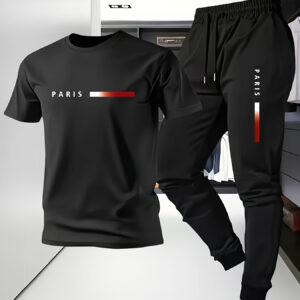 costume décontracté pour homme, ensemble sportif à rayures dégradées parisiennes, tenue athlétique deux pièces pour homme, choix idéal pour les loisirs et sports en plein air toutes saisons. t shirt manches courtes et pantalon long à imprimé parisien, ensemble sportif décontracté 2 pièces avec t