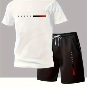 ensemble t shirt et shorts décontracté pour homme à motif imprimé paris, tendance Été