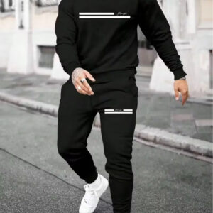 ensemble sportif pour hommes 2 pièces pull col rond blanc et pantalon de jogging à rayures verticales noires et logo imprimé, vêtements de fitness en fibre polyester, lavable en machine, tenue décontractée pour toutes les saisons, idéal pour le jogging, le fitness et le port quotidien