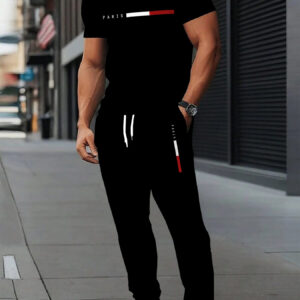 ensemble sportif homme à manches courtes et pantalon long | col rond Élégant et décontracté | tissu légèrement Élastique avec impression 3d | coupe regular en deux pièces | t shirt à motifs et pantalon long