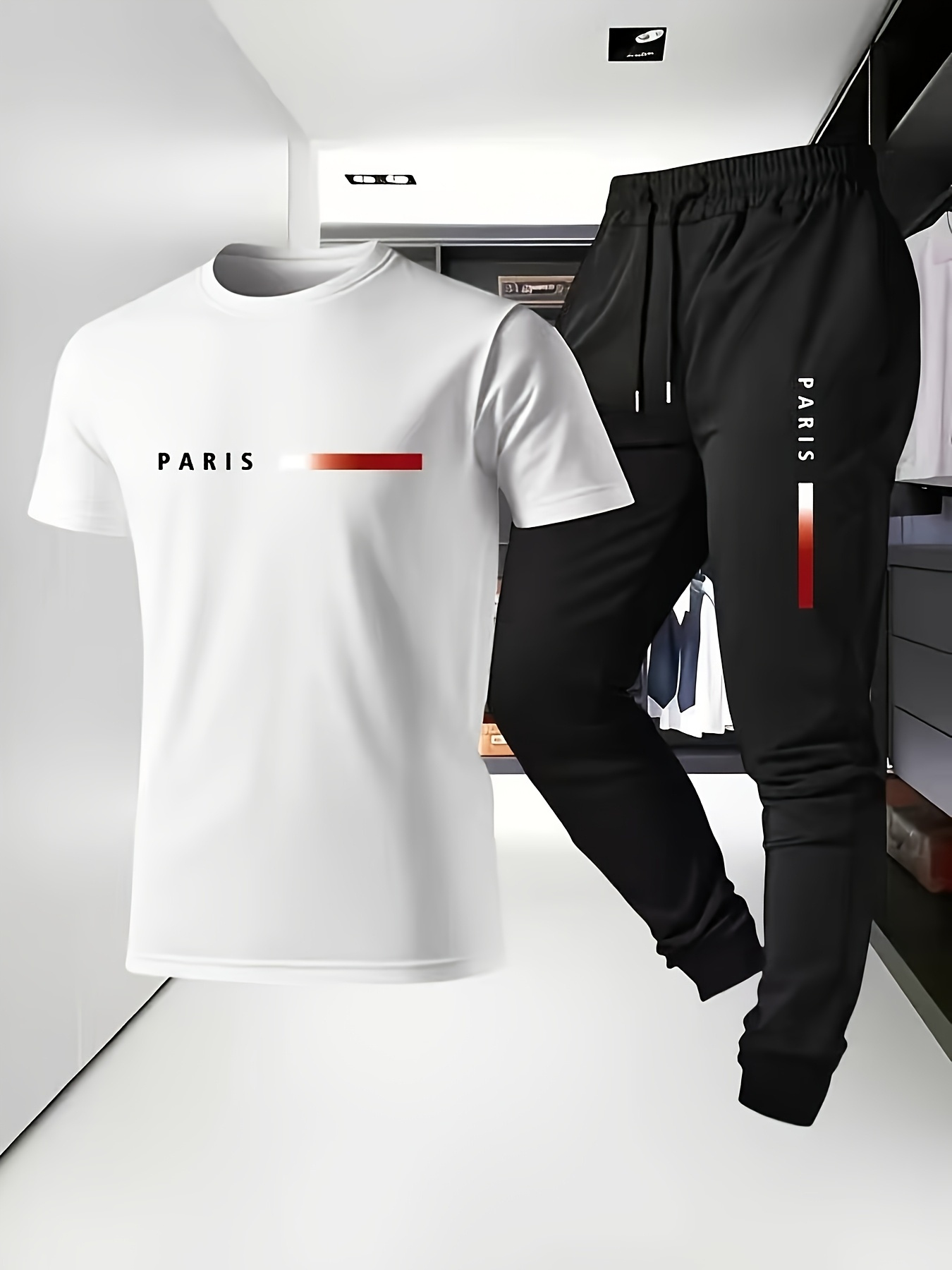 costume décontracté pour homme, ensemble sportif à rayures dégradées parisiennes, tenue athlétique deux pièces pour homme, choix idéal pour les loisirs et sports en plein air toutes saisons. t shirt manches courtes et pantalon long à imprimé parisien, ensemble sportif décontracté 2 pièces avec t costume décontracté pour homme, ensemble sportif à rayures dégradées parisiennes, tenue athlétique deux pièces pour homme, choix idéal pour les loisirs et sports en plein air toutes saisons. t shirt manches courtes et pantalon long à imprimé parisien, ensemble sportif décontracté 2 pièces avec t