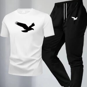 ensemble de sport décontracté et élégant pour hommes, comprenant un haut à manches courtes color block associé à un pantalon long ajusté, un ensemble deux pièces.